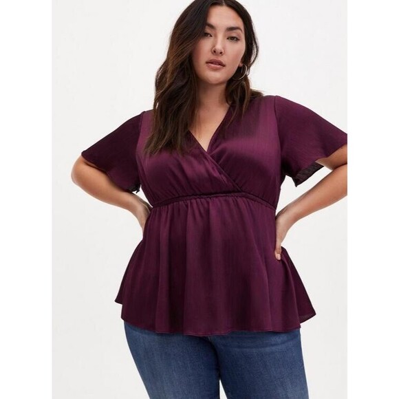 Torrid Maroon‎ Blouse Top 4X V Neck Top Peplum Wrap  Shiny - Picture 1 of 7